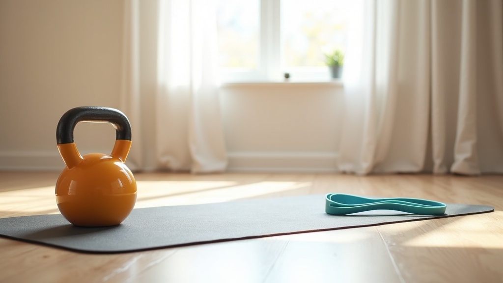A kettlebell, resistance band, and exercise mat on a wooden floor.